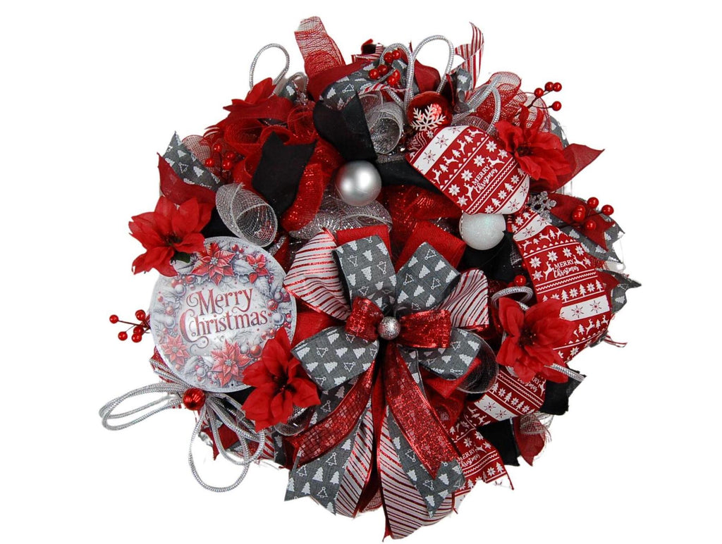 Merry Christmas Wreath | Traditional Christmas Front Door Wreath | Red Silver Farmhouse Holiday Decor | Handmade Christmas Door Hanger