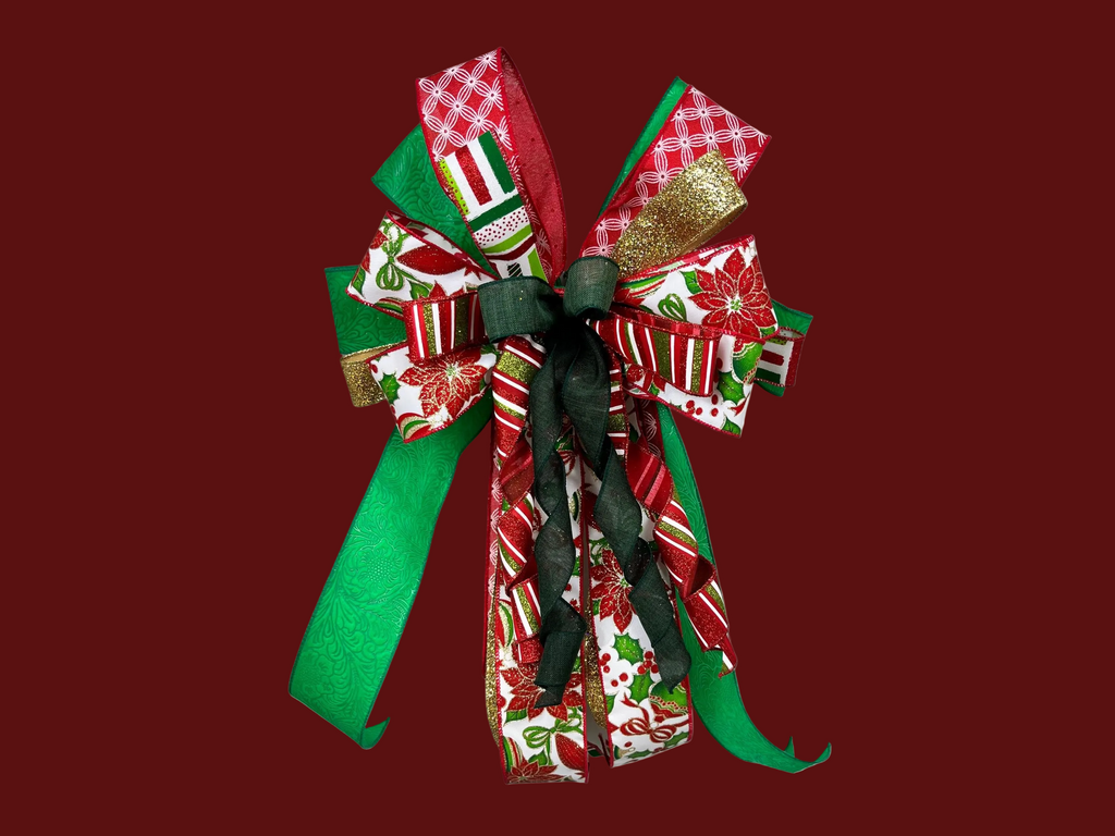 Christmas Bow | Holly Ribbon & Silver Bell Wreath Decor