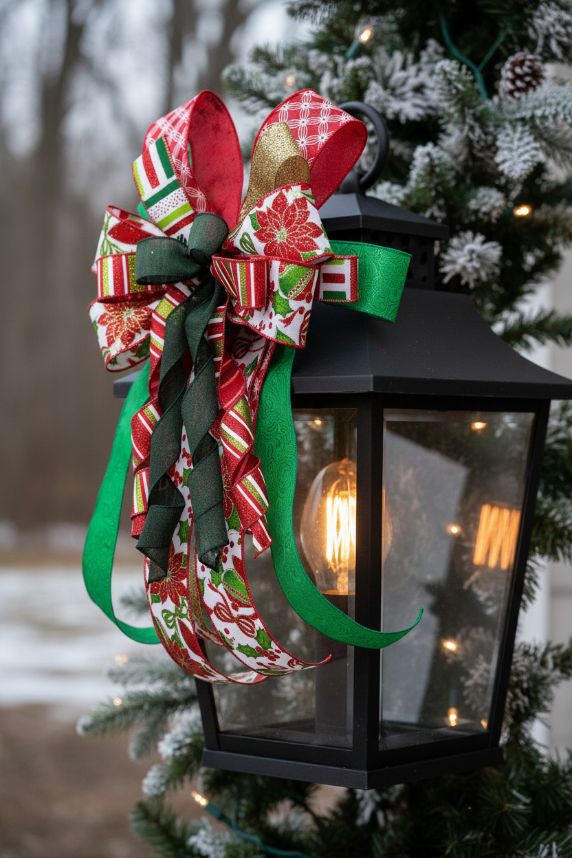 Christmas Bow | Holly Ribbon & Silver Bell Wreath Decor