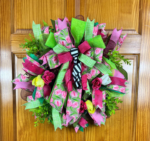 Bold Spring Floral Wreath| Pink, Yellow & Green Easter Tulip Decor