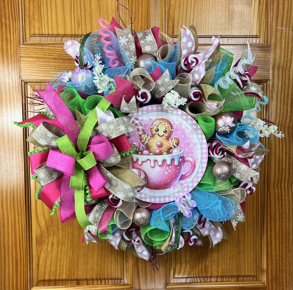 Gingerbread Hot Cocoa Christmas Wreath | Whimsical Candyland Front Door Wreath | Pink Christmas Decor | Handmade Holiday Door Hanger