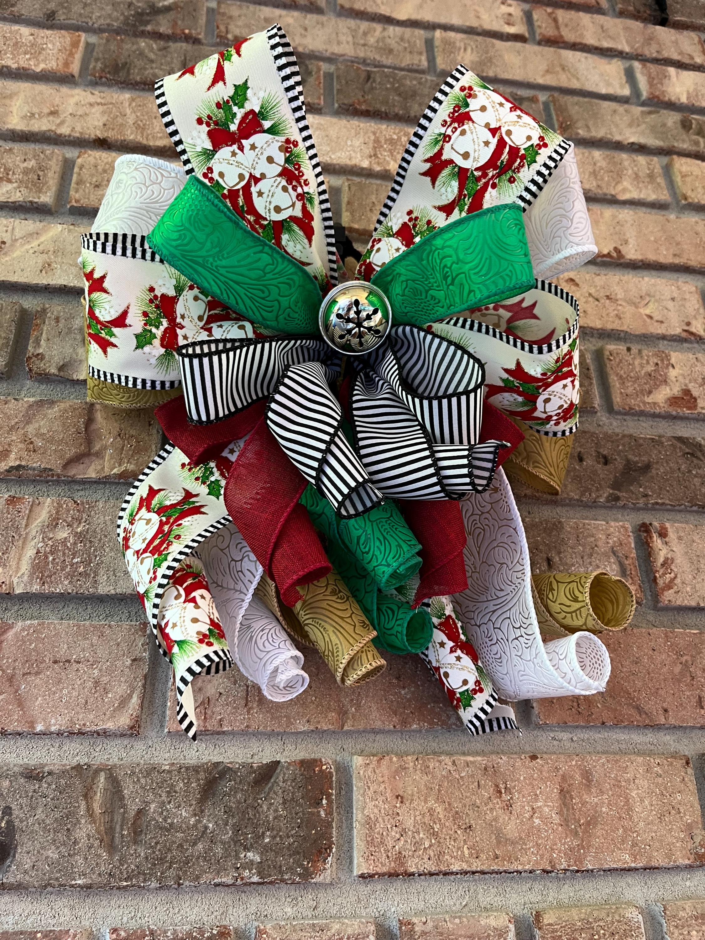 Bow | Christmas Decor | Holly Ribbon & Silver Bell Wreath Decor