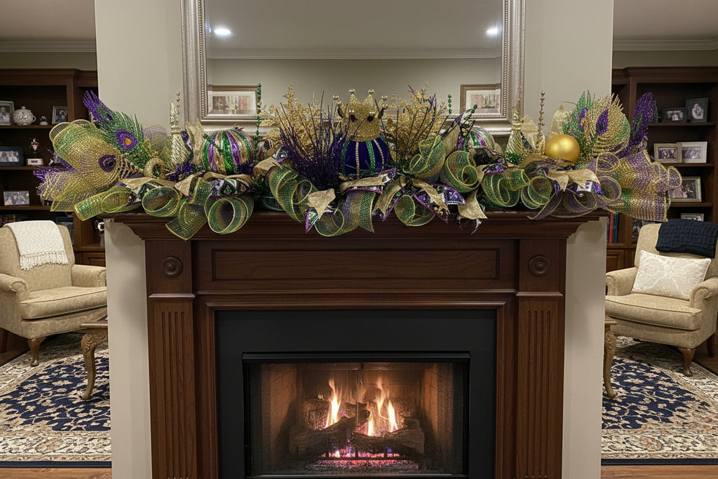 Mardi Gras garland , Purple Green Gold Mantel Swag, Carnival Table Arrangement, New Orleans Decor