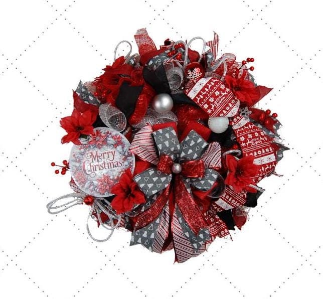 Merry Christmas Wreath | Traditional Christmas Front Door Wreath | Red Silver Farmhouse Holiday Decor | Handmade Christmas Door Hanger