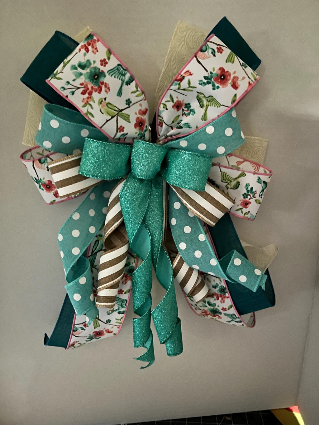 Teal Garden Bloom Bow | Floral Bird Polka Dot Lantern Wreath Accent