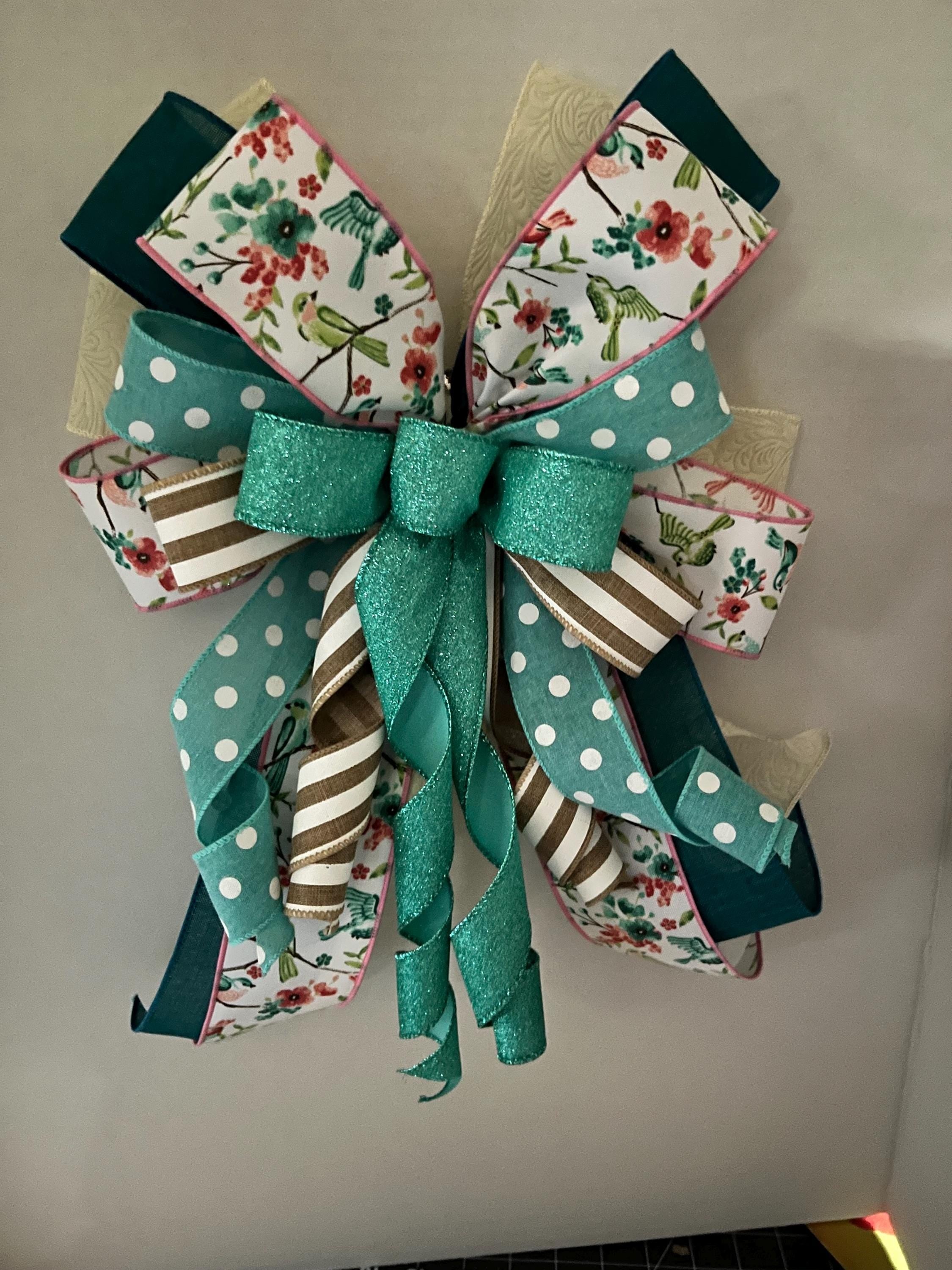 Teal Garden Bloom Bow | Floral Bird Polka Dot Lantern Wreath Accent