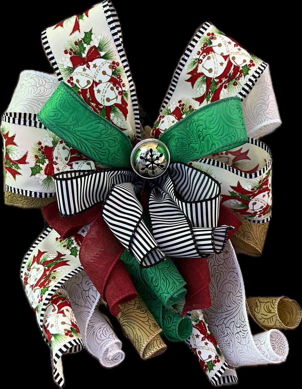 Bow | Christmas Decor | Holly Ribbon & Silver Bell Wreath Decor