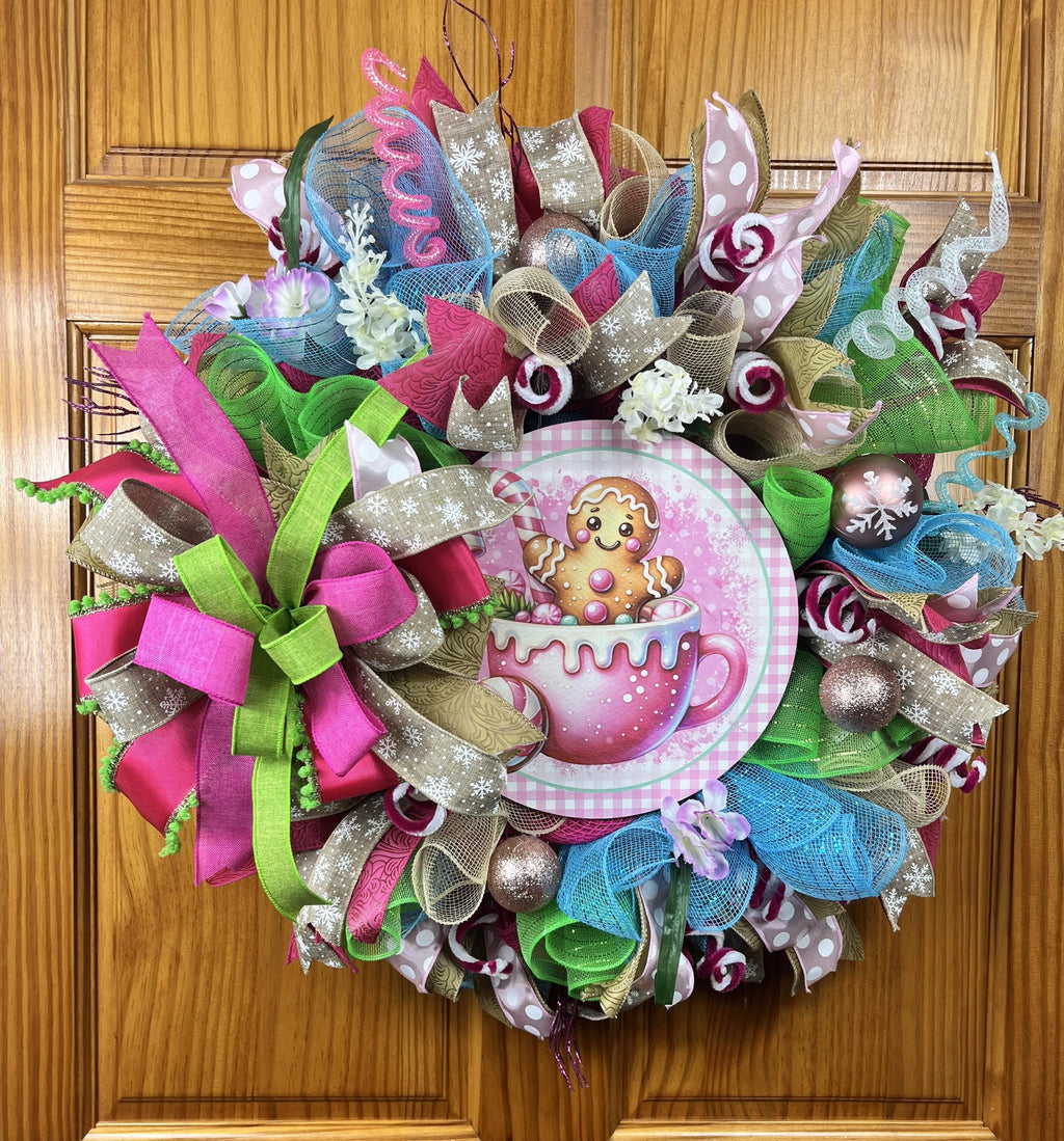 Gingerbread Hot Cocoa Christmas Wreath | Whimsical Candyland Front Door Wreath | Pink Christmas Decor | Handmade Holiday Door Hanger