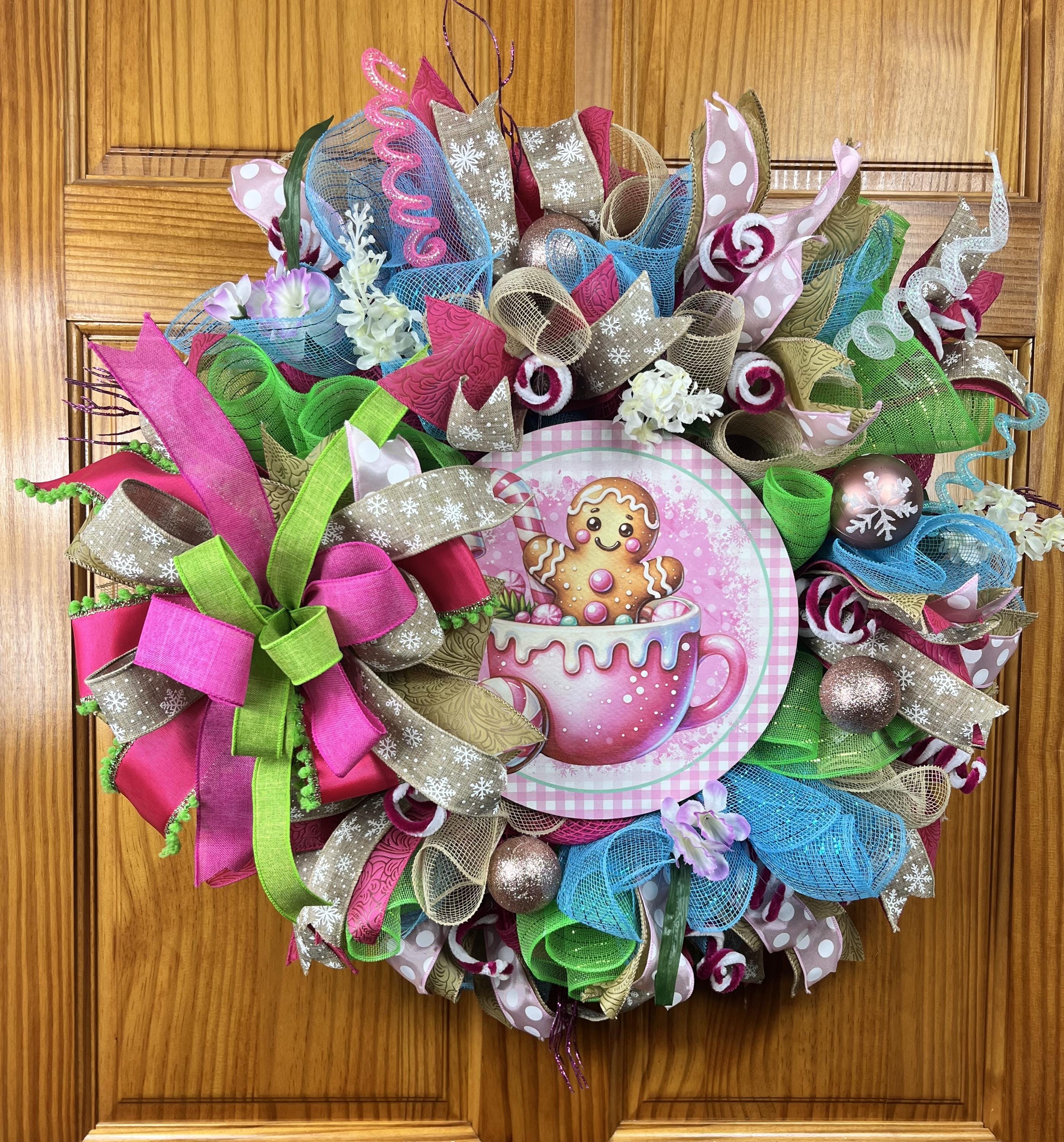 Pink Gingerbread Hot Cocoa Wreath | Whimsical Holiday Door Decor