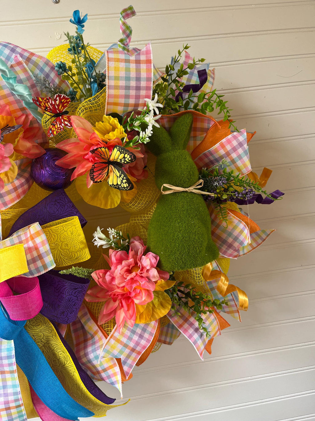 Easter Bunny Wreath | Pastel Plaid Floral Door Hanger | Spring Wreath