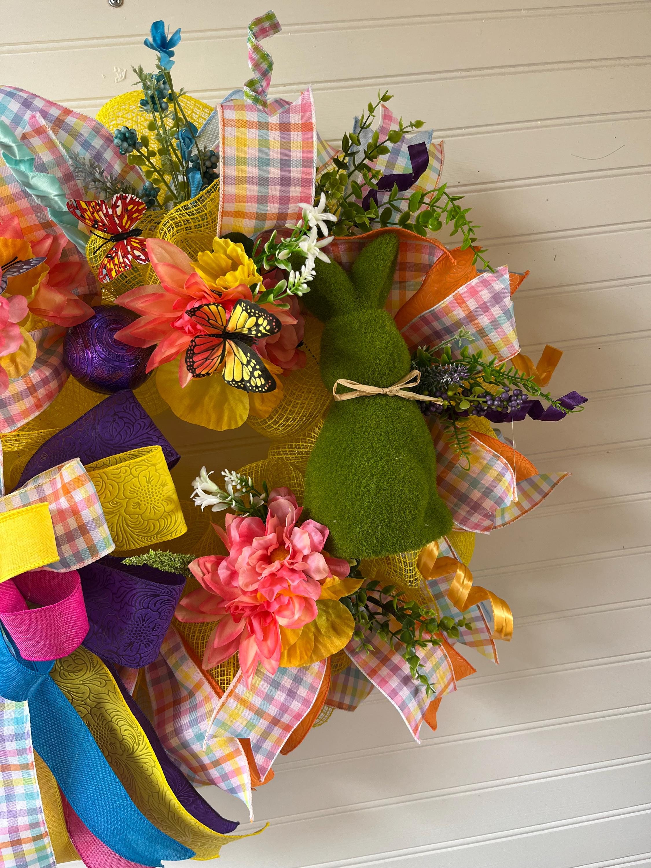 Easter Bunny Wreath | Pastel Plaid Floral Door Hanger | Spring Wreath