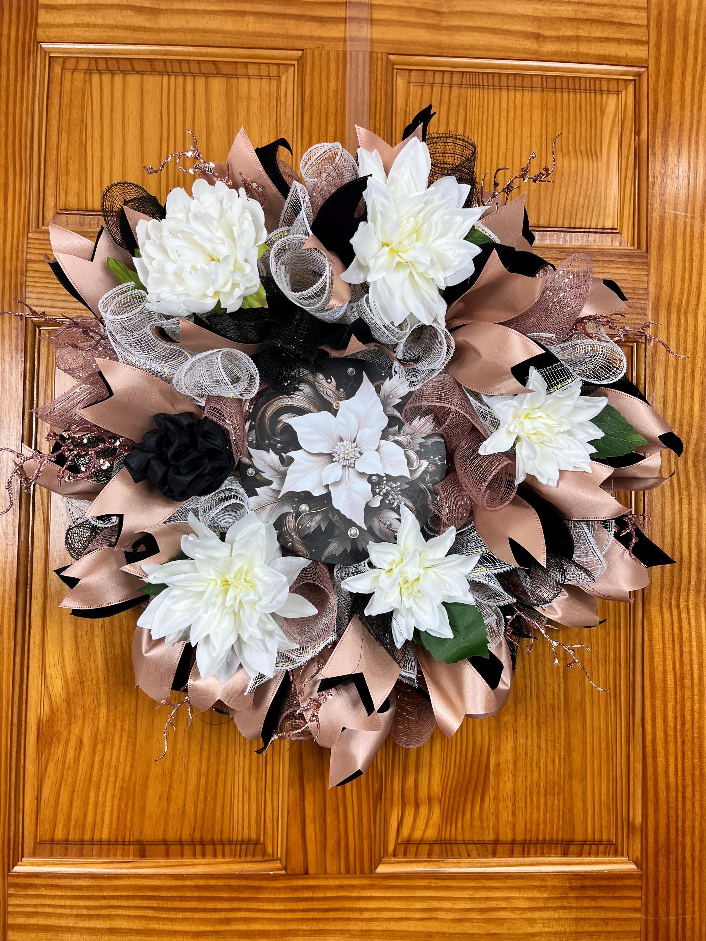 Black & Champagne Dahlia Wreath| Elegant Glam Front Door Decor