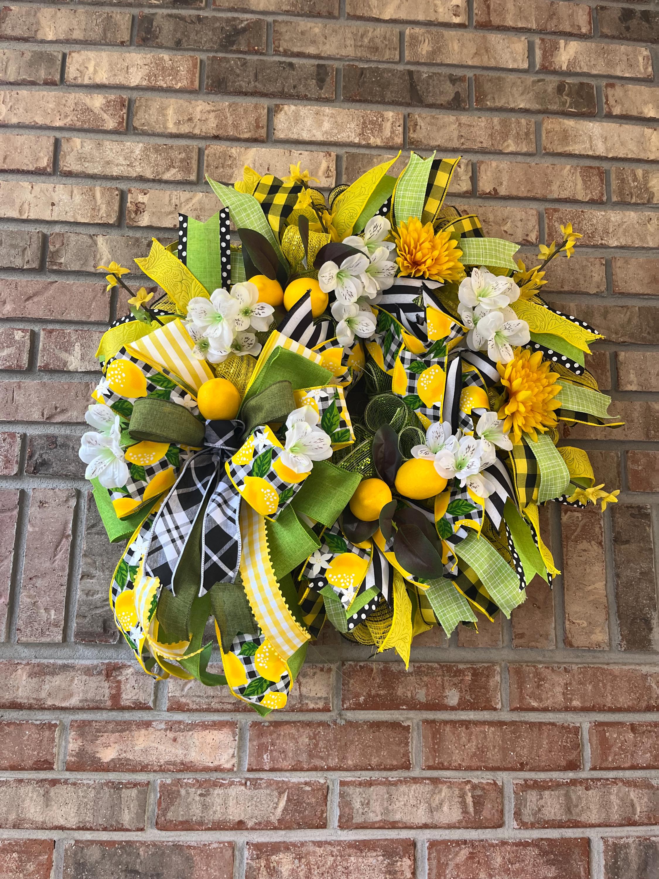 Lemon Summer Wreath | Yellow Floral Farmhouse Decor with Gingham Ribbon
