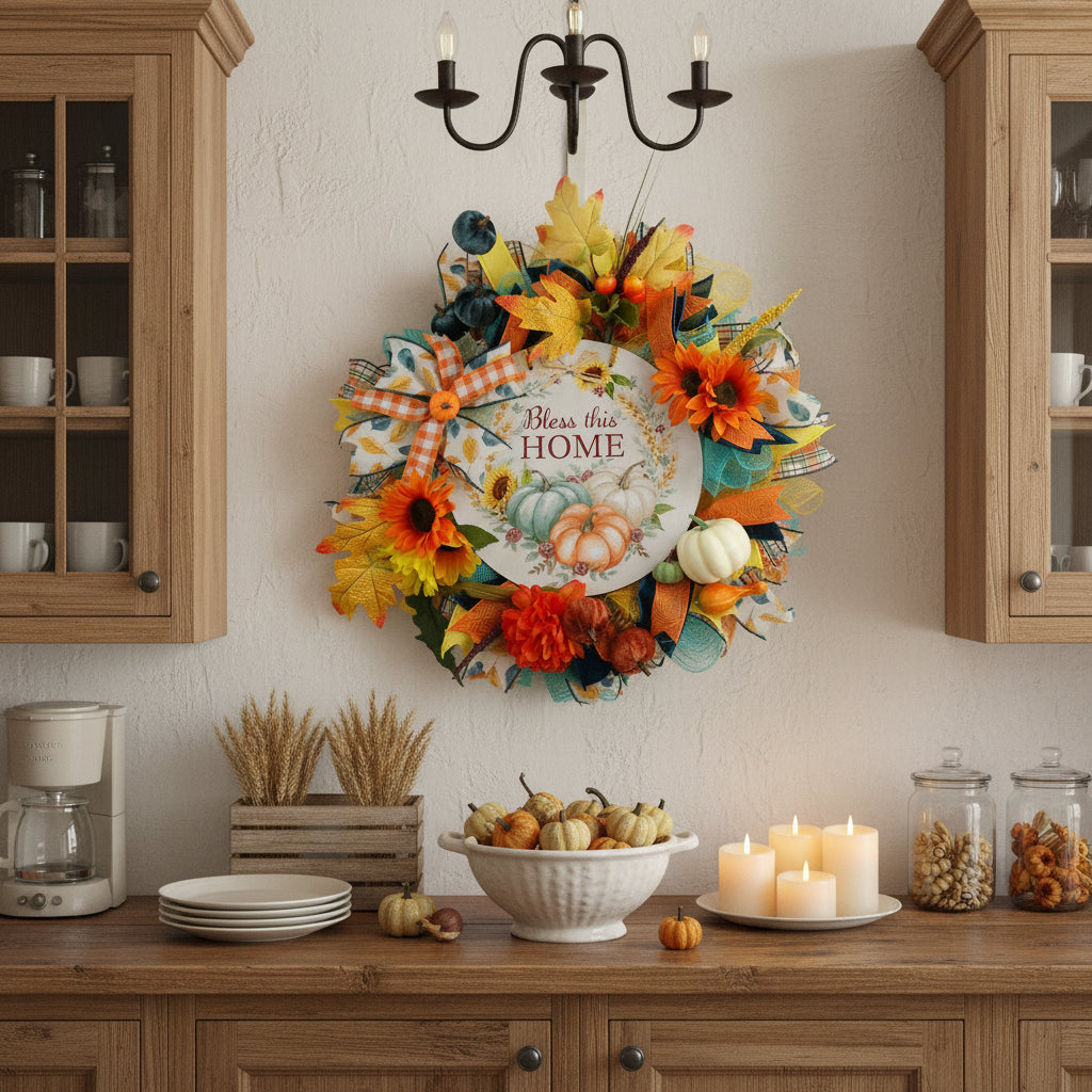 Sunflower Pumpkin Fall Wreath – ‘Bless This Home’ Autumn Decor