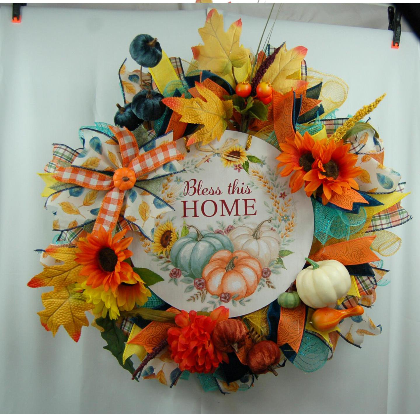 Sunflower Pumpkin Fall Wreath – ‘Bless This Home’ Autumn Decor