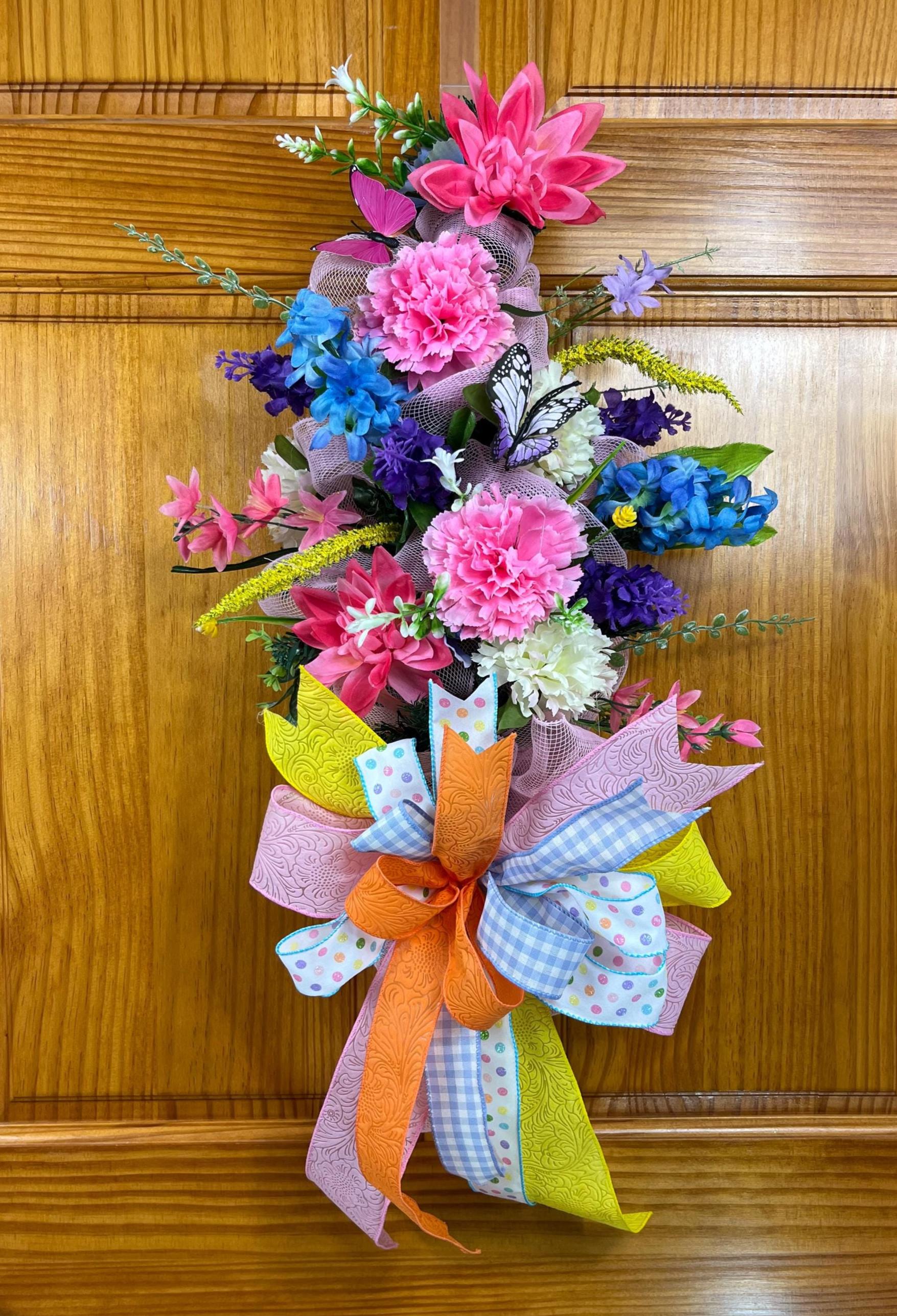Butterfly Spring Door Swag| Pink, Blue & Yellow Floral Wreath