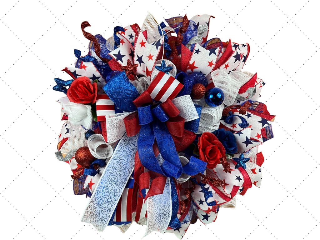 Patriotic Red, White & Blue Wreath | 4th of July Front Door Wreath | Handmade Americana Wreath | Memorial Day Decor | Veteran's Day Wreath