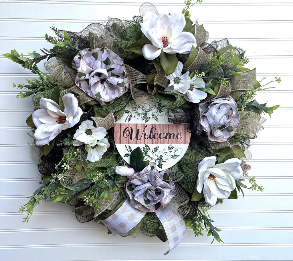 Everyday| Farmhouse Welcome Wreath| Cream Flowers, Burlap Mesh, Greenery