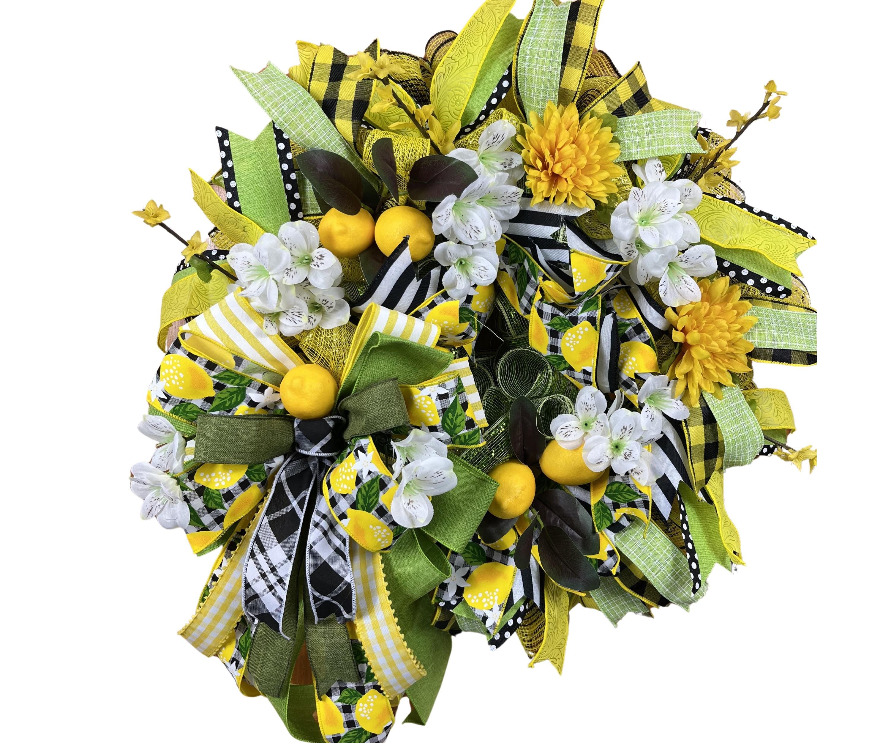 Lemon Summer Wreath | Yellow Floral Farmhouse Decor with Gingham Ribbon
