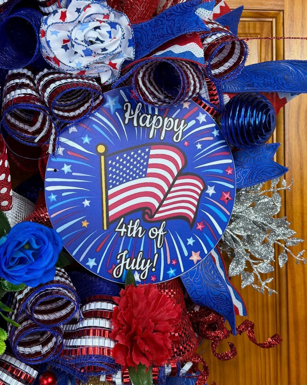Patriotic Deco Mesh Wreath, 4th of July Front Door Wreath, American Flag Wreath, Memorial Day Decor, Summer Door Hanger