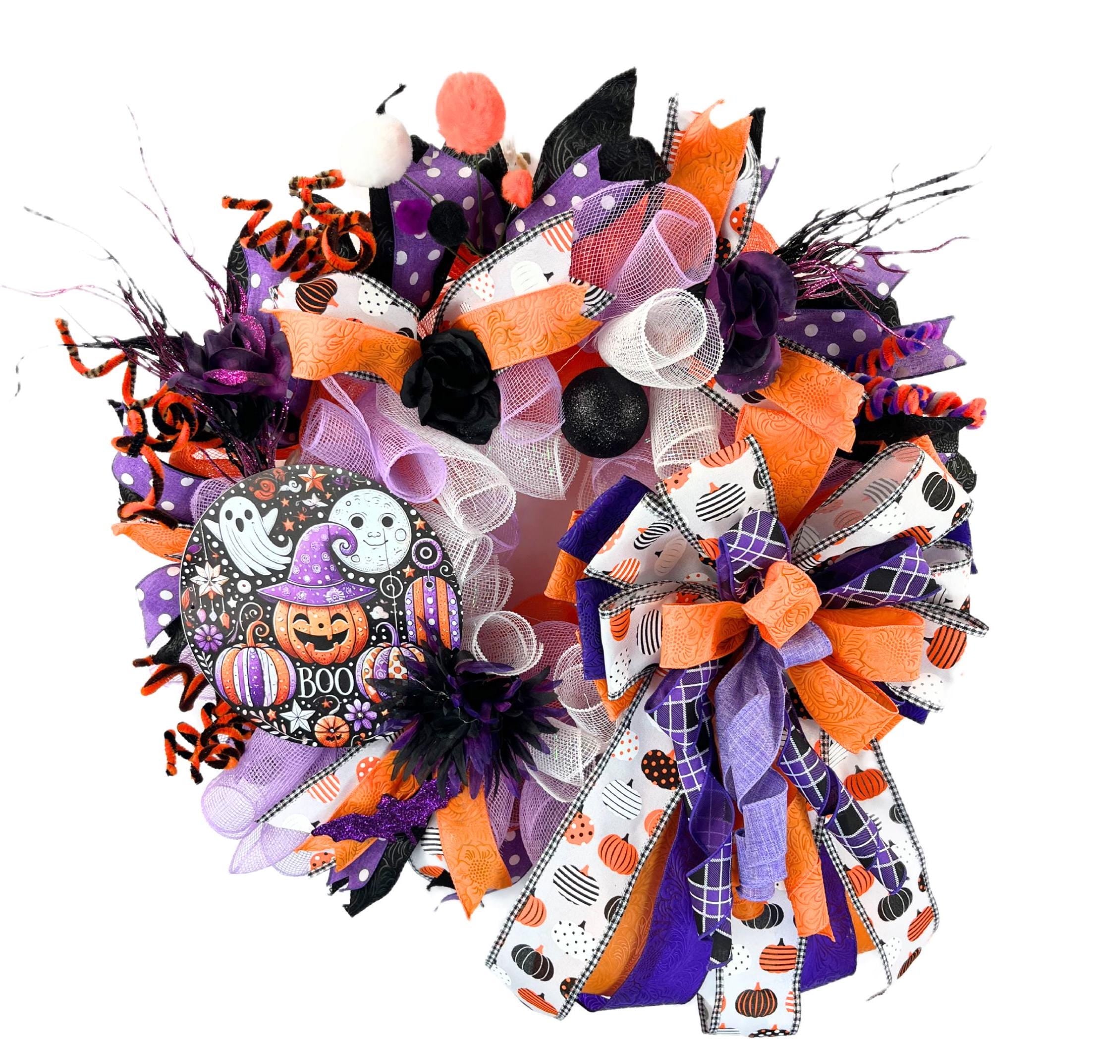 Halloween Wreath| Ghosts, Pumpkins, Bows | Spooky Front Door Decor