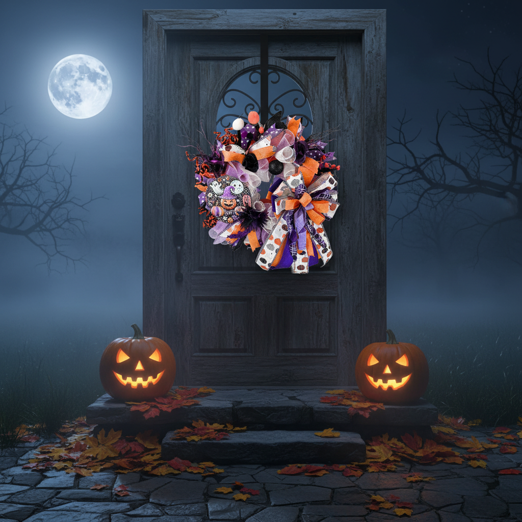 Purple Halloween Wreath| Ghosts, Pumpkins, Bows | Spooky Front Door Decor