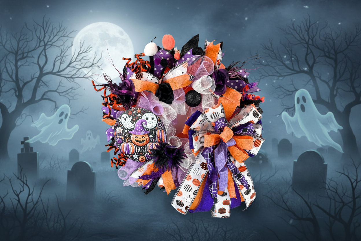 Purple Halloween Wreath| Ghosts, Pumpkins, Bows | Spooky Front Door Decor