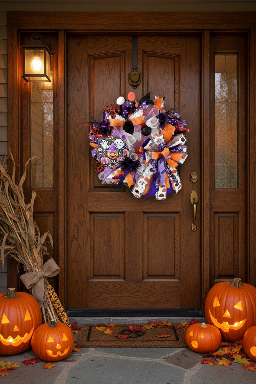 Purple Halloween Wreath| Ghosts, Pumpkins, Bows | Spooky Front Door Decor