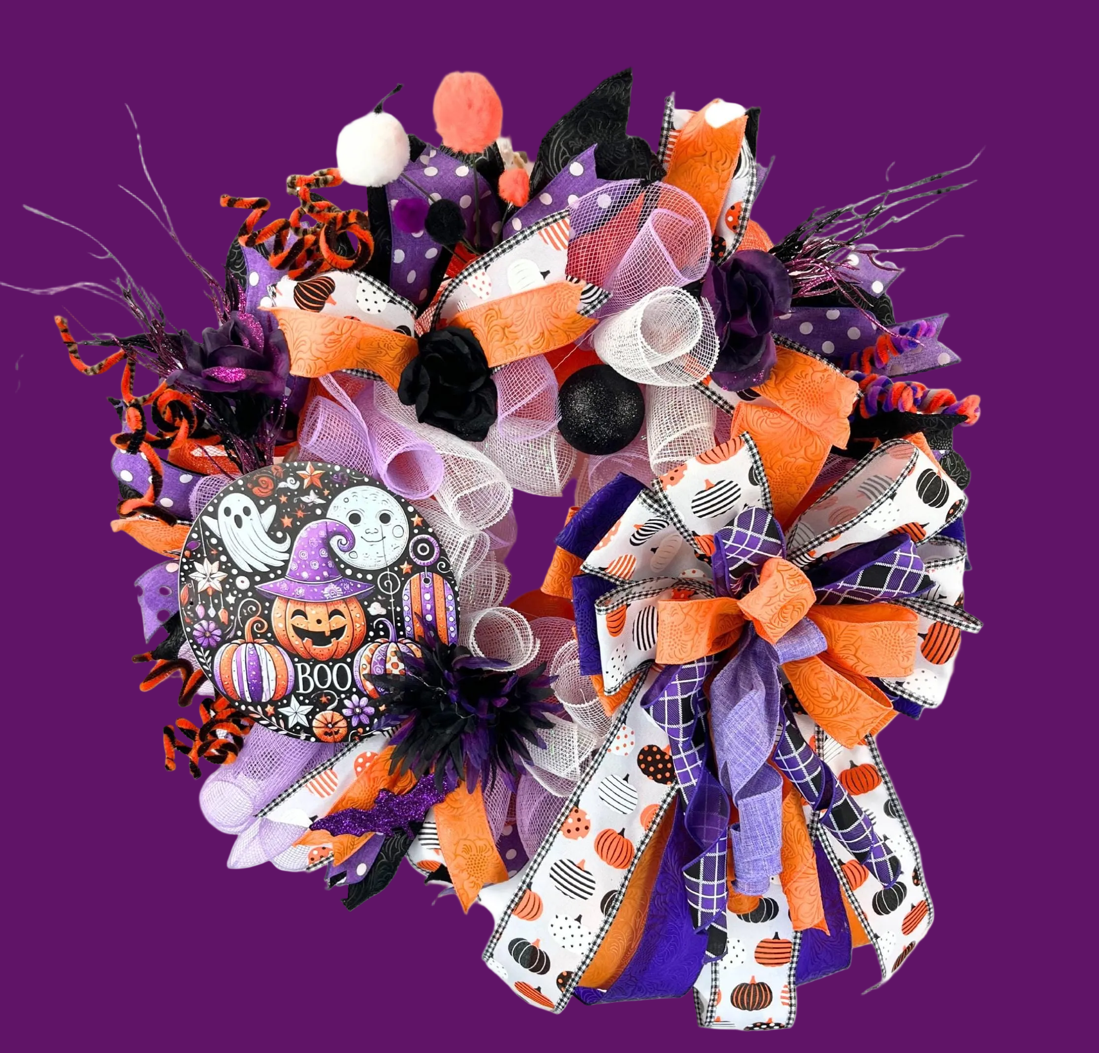 Purple Halloween Wreath| Ghosts, Pumpkins, Bows | Spooky Front Door Decor