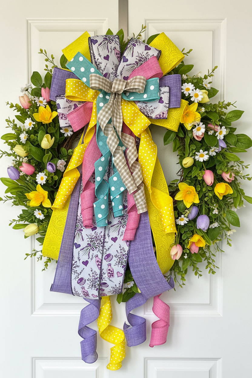 Wreath Bow | Handmade Spring Gingham | Lavender Teapots