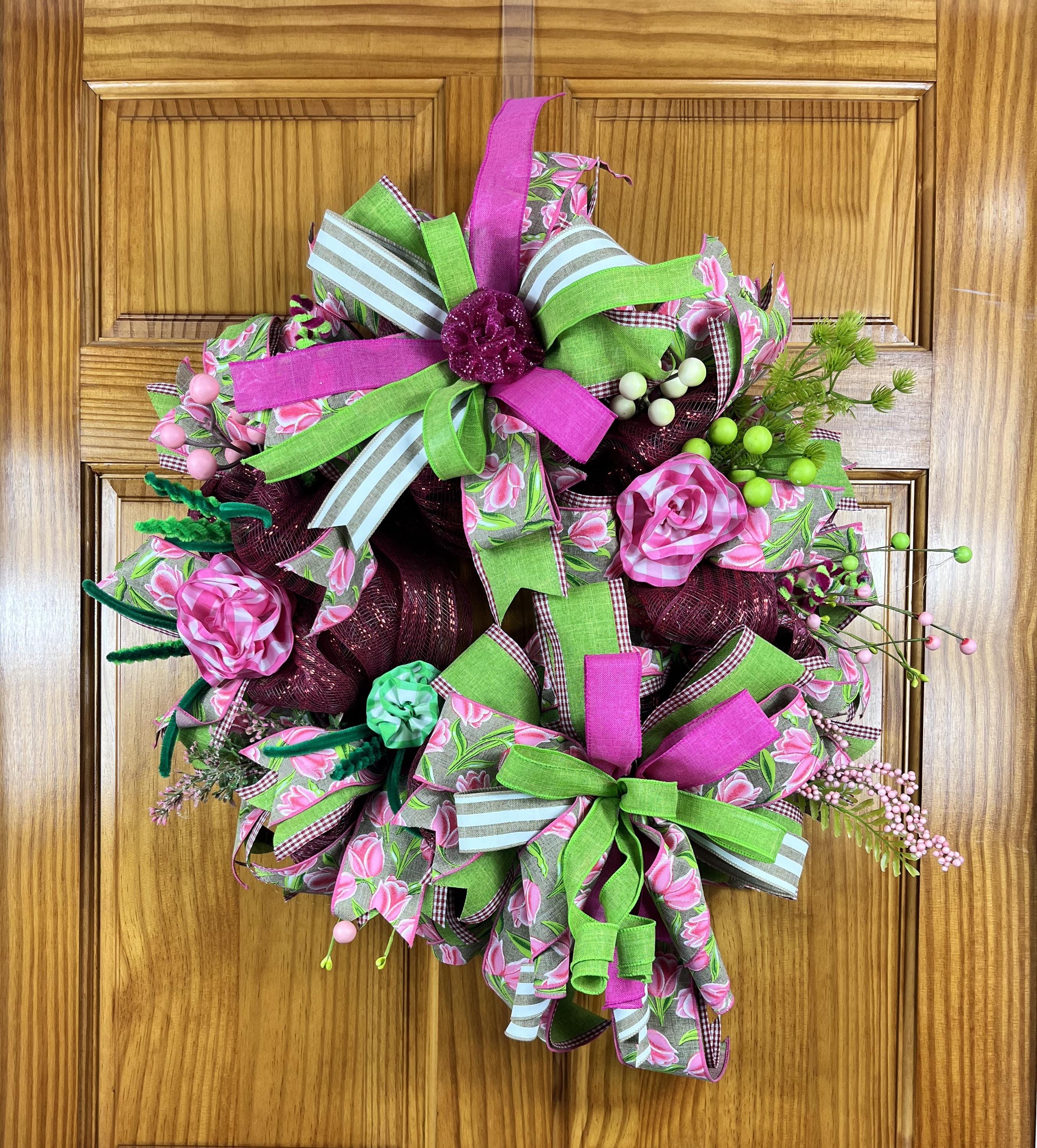 Pink & Green Spring Wreath| Floral Easter Door Decor with Bows