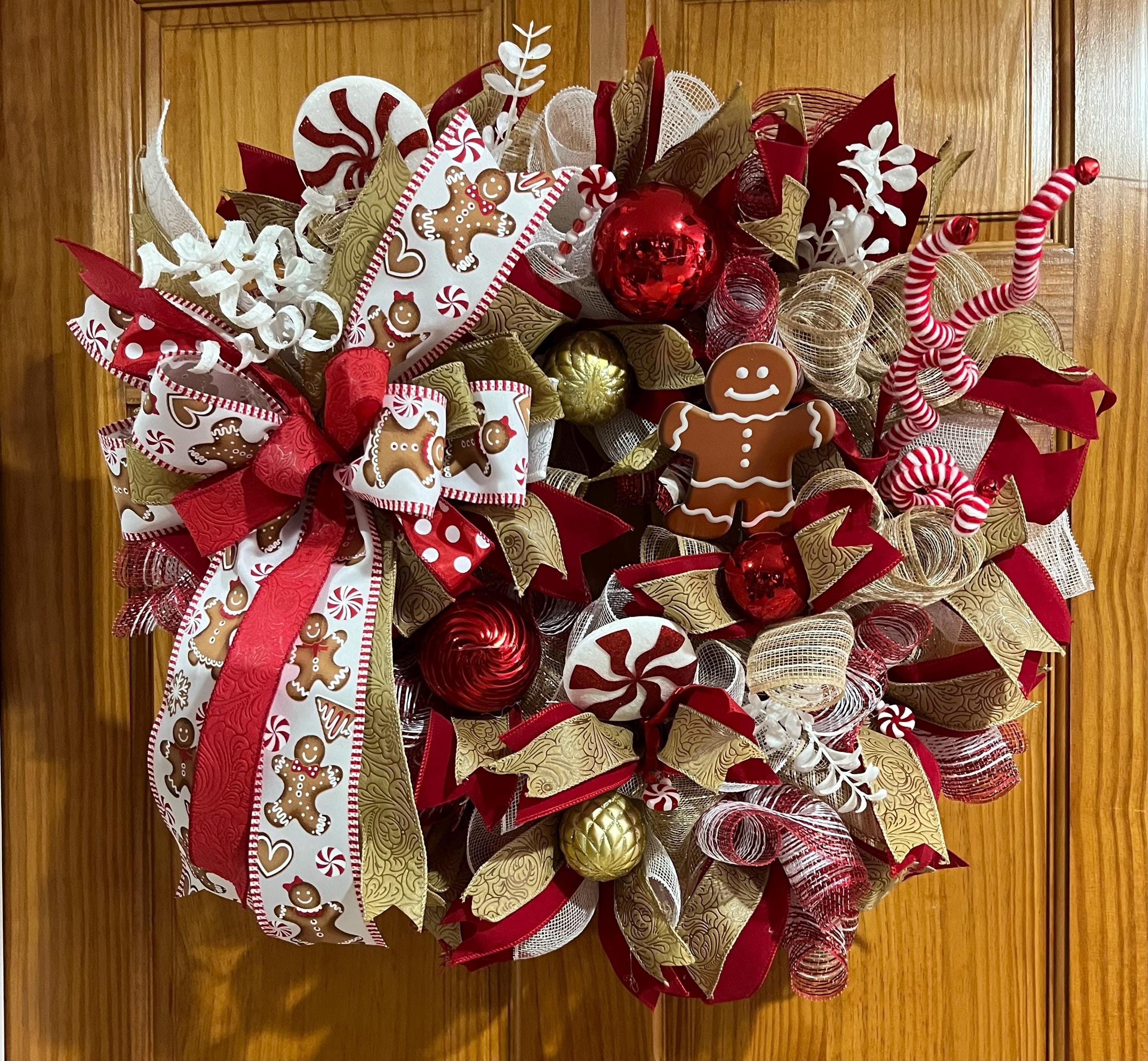Christmas| Gingerbread Man Christmas Wreath | Red Gold Peppermint Candy Holiday Door Decor