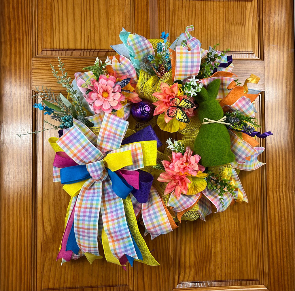 Easter Bunny Wreath | Pastel Plaid Floral Door Hanger | Spring Wreath