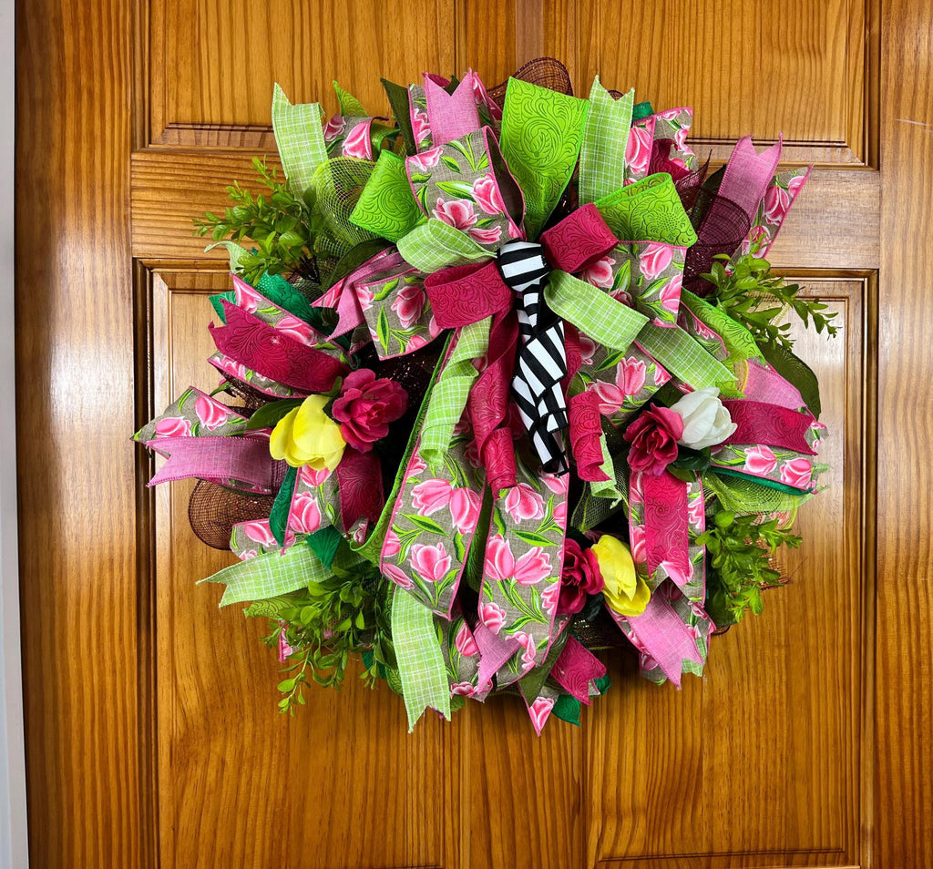 Bold Spring Floral Wreath| Pink, Yellow & Green Easter Tulip Decor