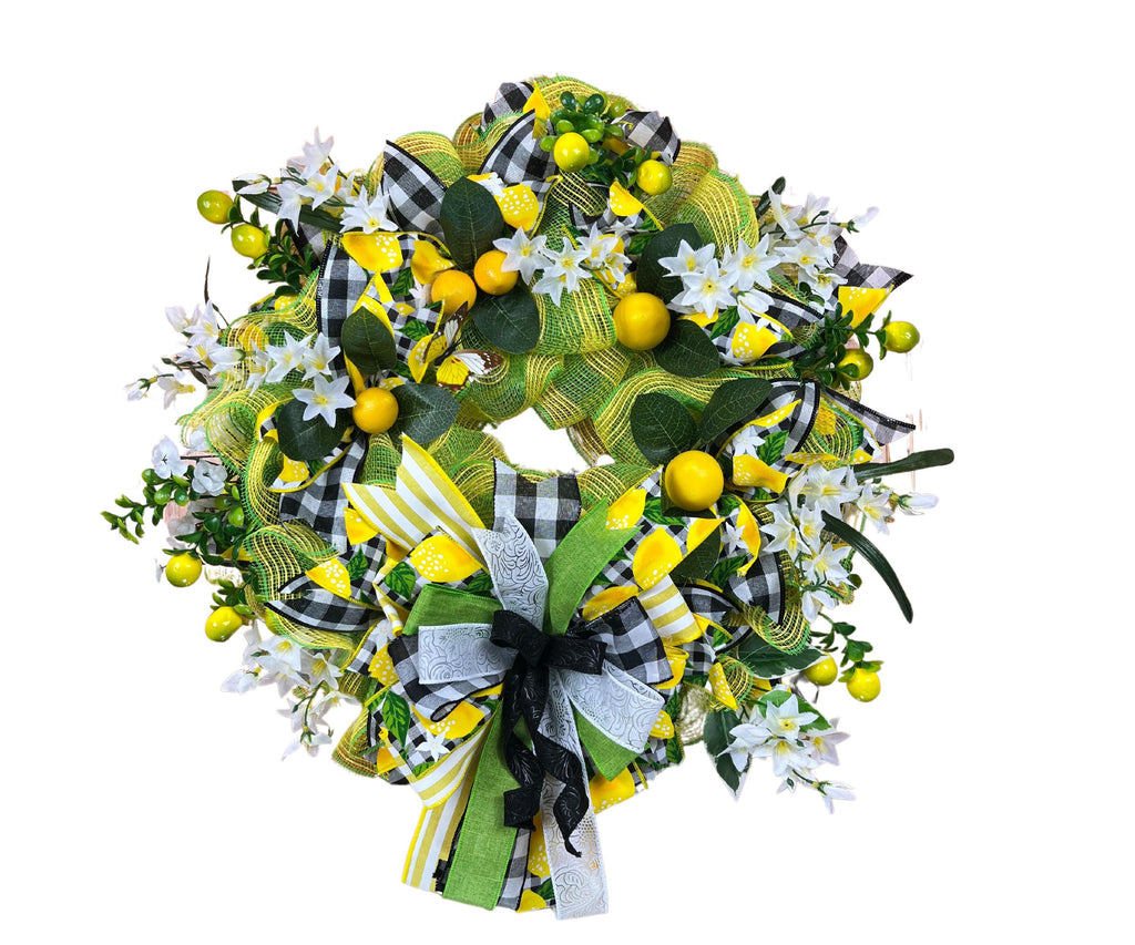 Lemon Wreath | Yellow & Green Summer Door Decor with Gingham Ribbon