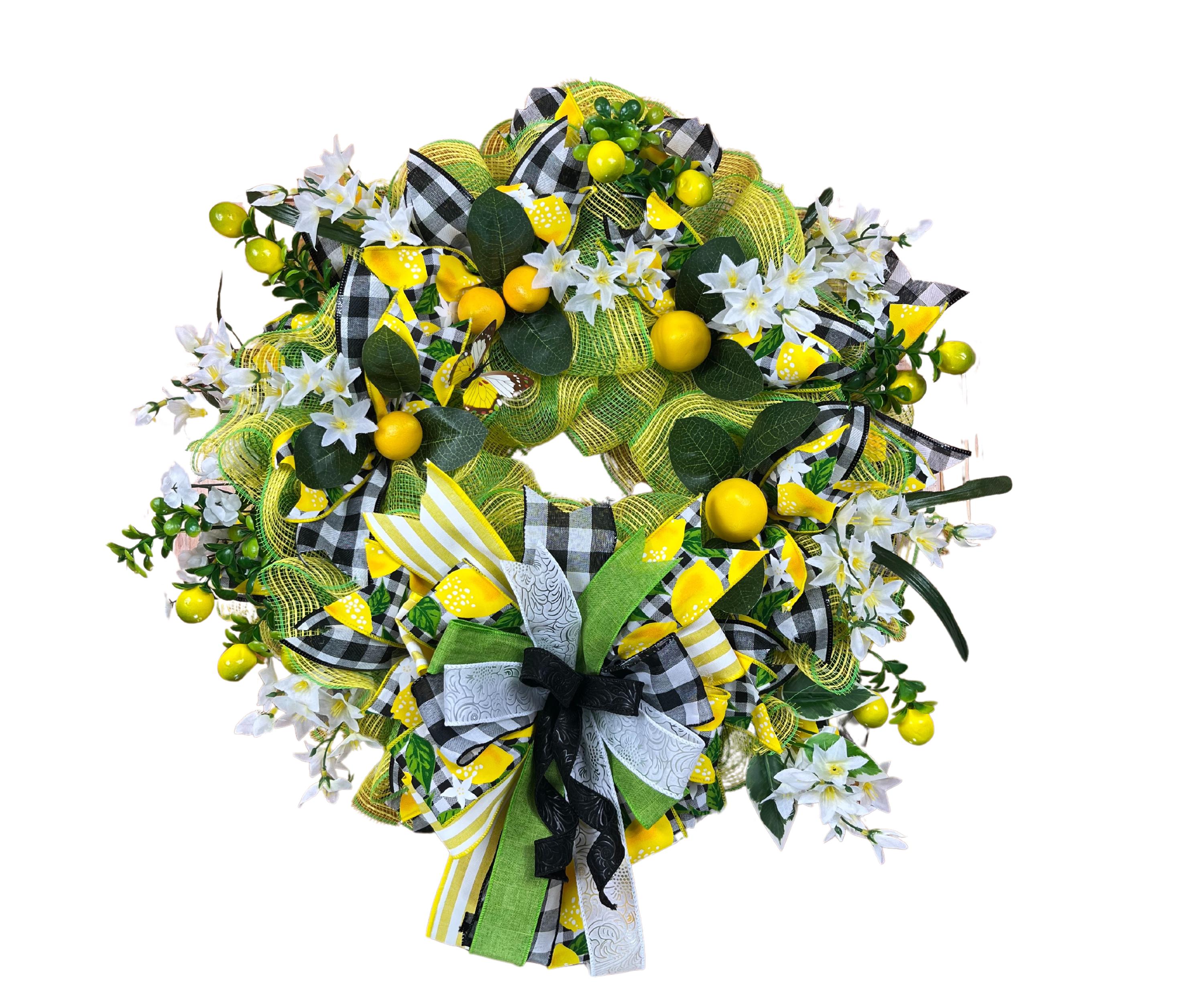 Lemon Wreath | Yellow & Green Summer Door Decor with Gingham Ribbon