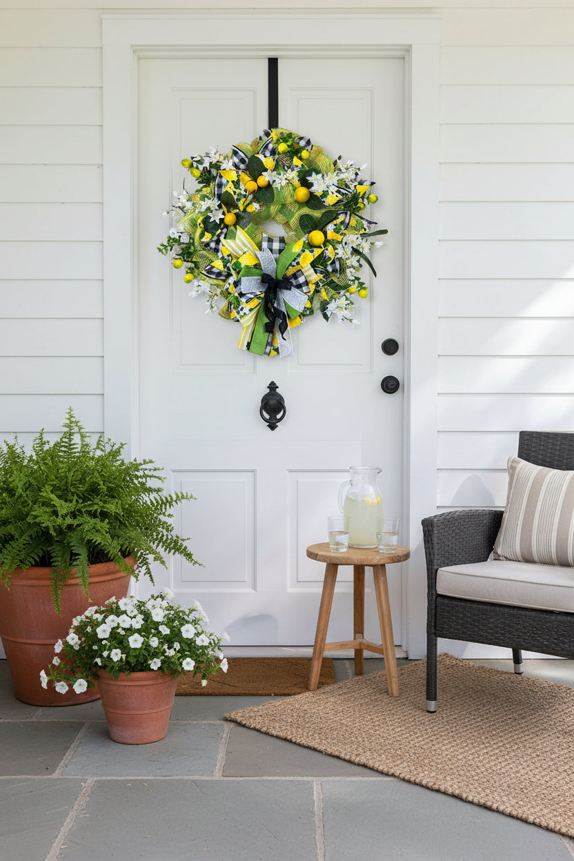 Lemon Wreath | Yellow & Green Summer Door Decor with Gingham Ribbon