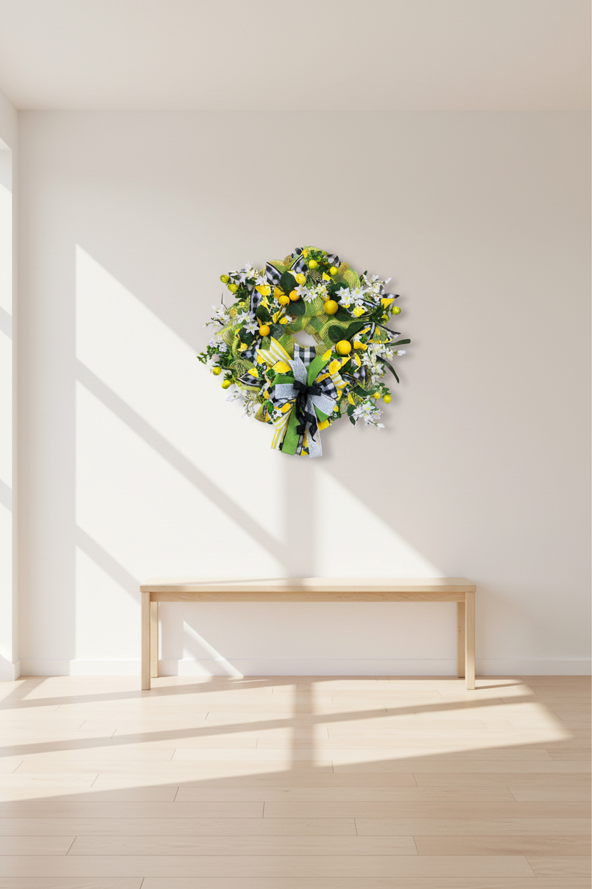 Lemon Wreath | Yellow & Green Summer Door Decor with Gingham Ribbon