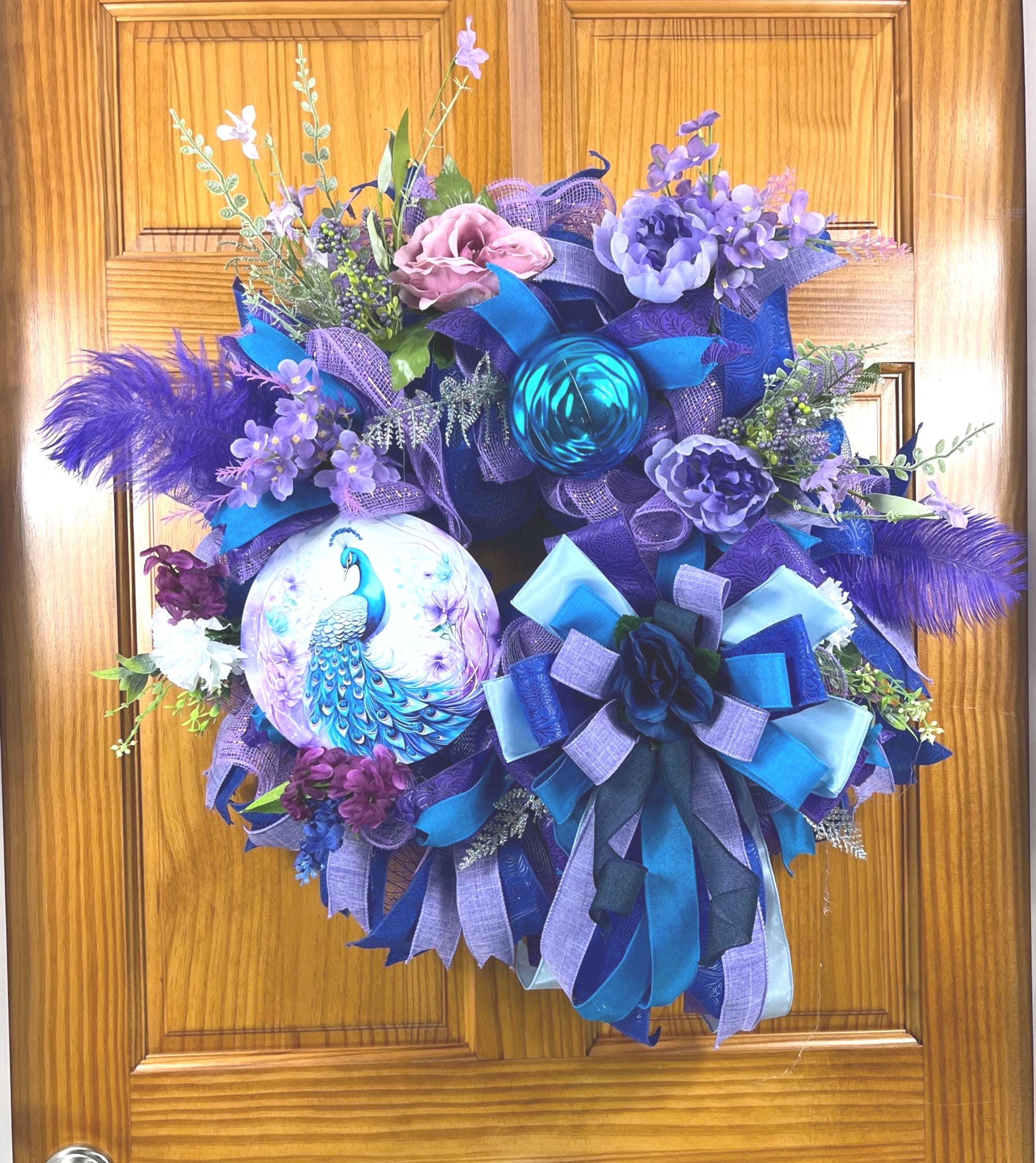Peacock Wreath, Elegant Blue & Purple Deco Mesh Door Decor