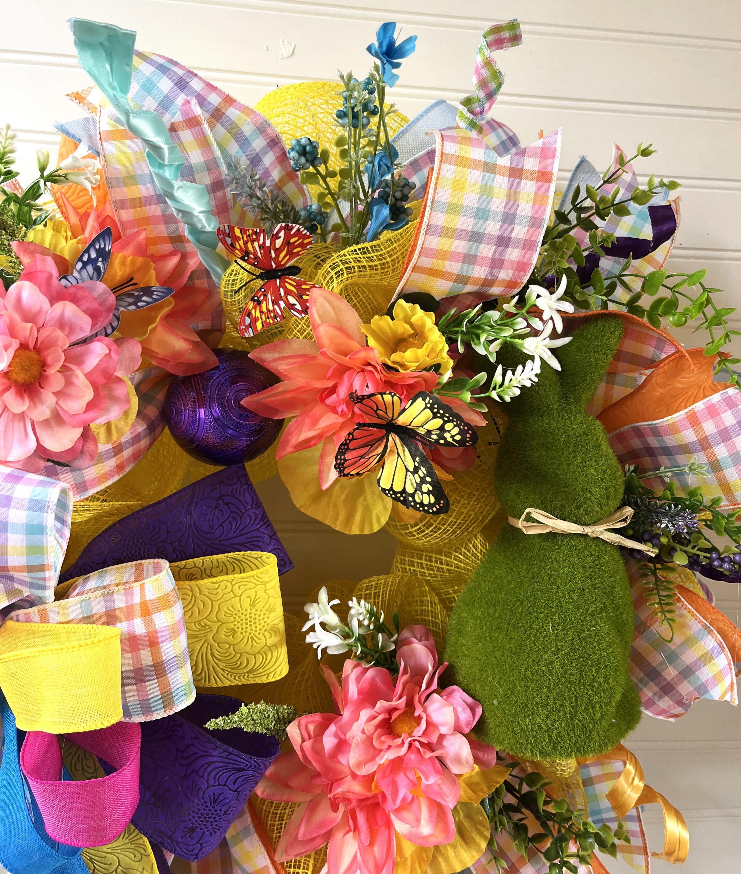 Easter Bunny Wreath | Pastel Plaid Floral Door Hanger | Spring Wreath