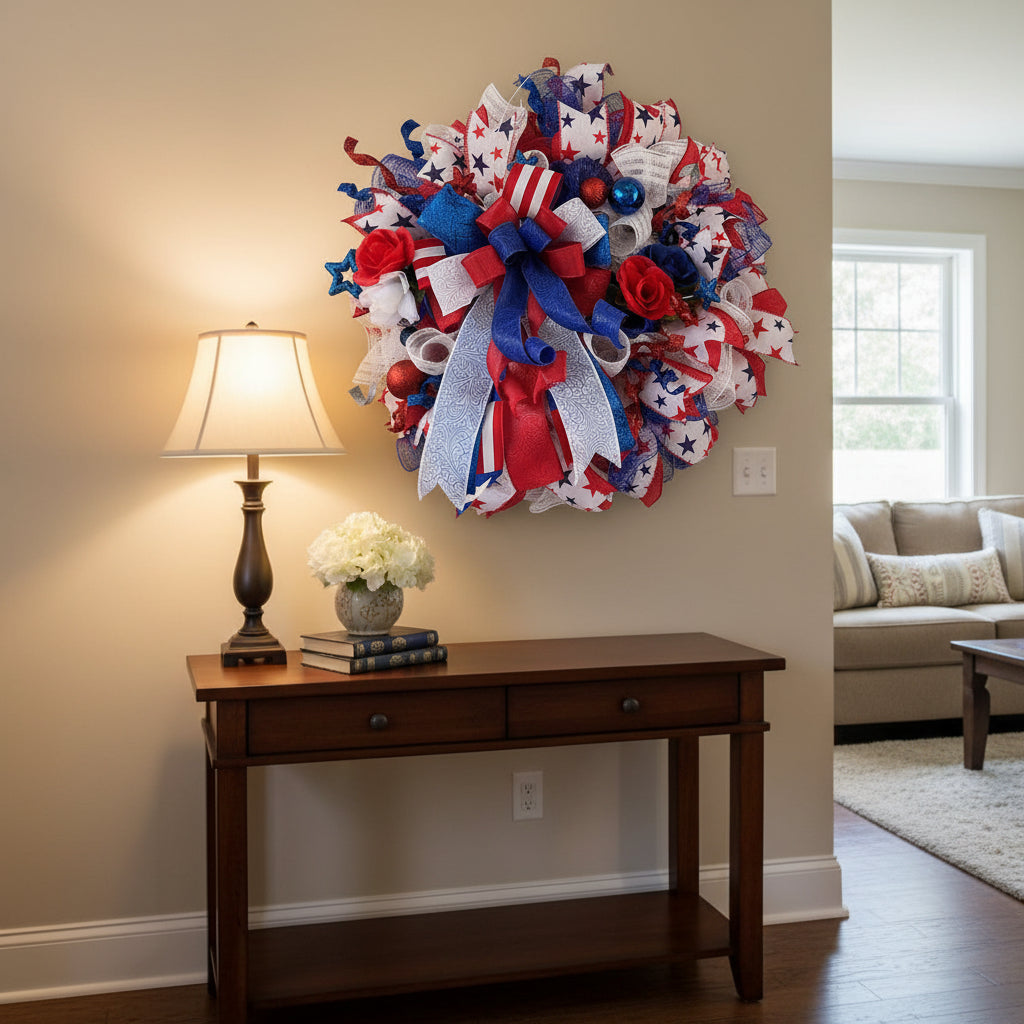 Patriotic Red, White & Blue Wreath | 4th of July Front Door Wreath | Handmade Americana Wreath | Memorial Day Decor | Veteran's Day Wreath