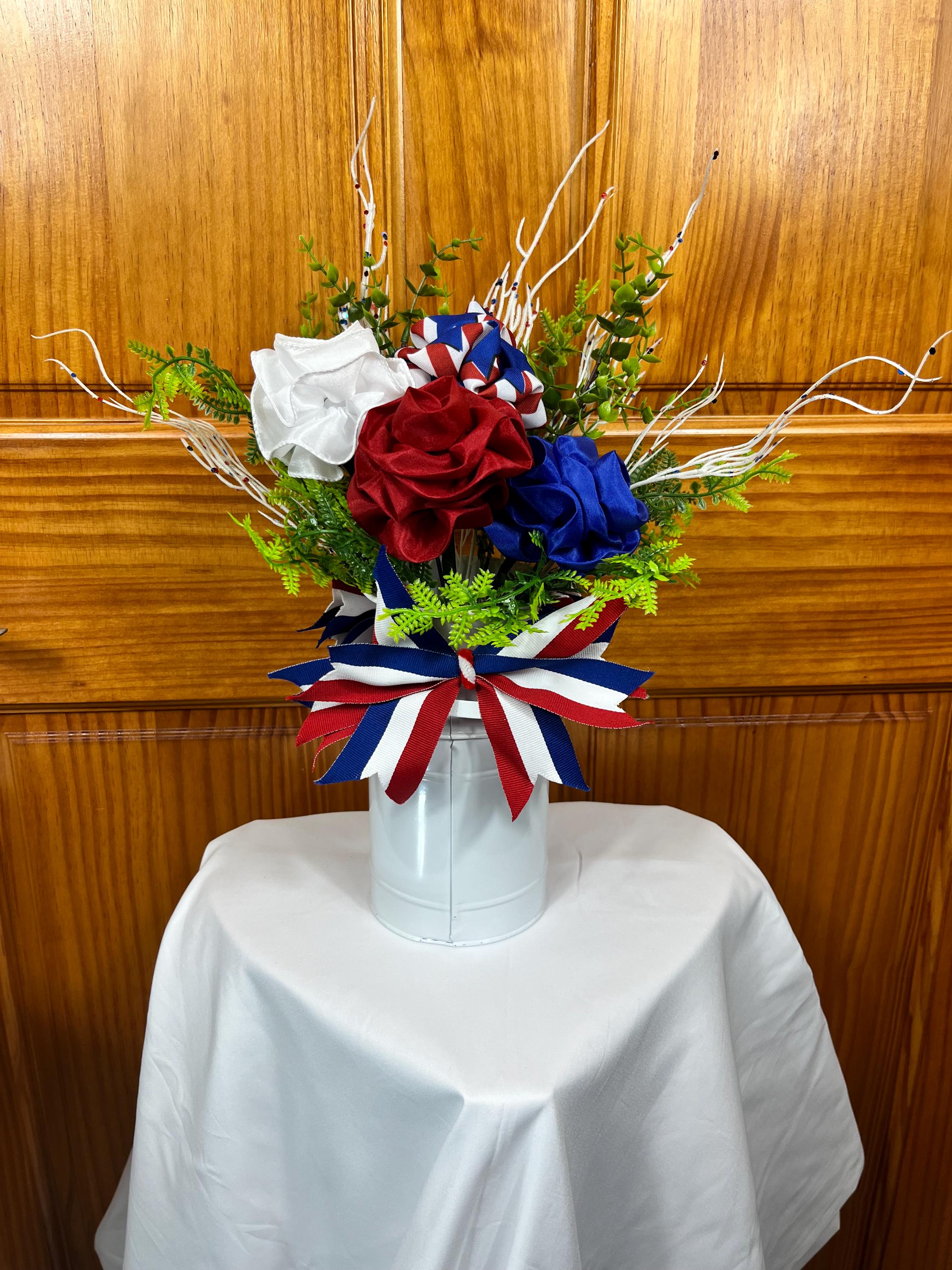 Patriotic Floral Arrangement | Red White Blue Centerpiece in White Tin