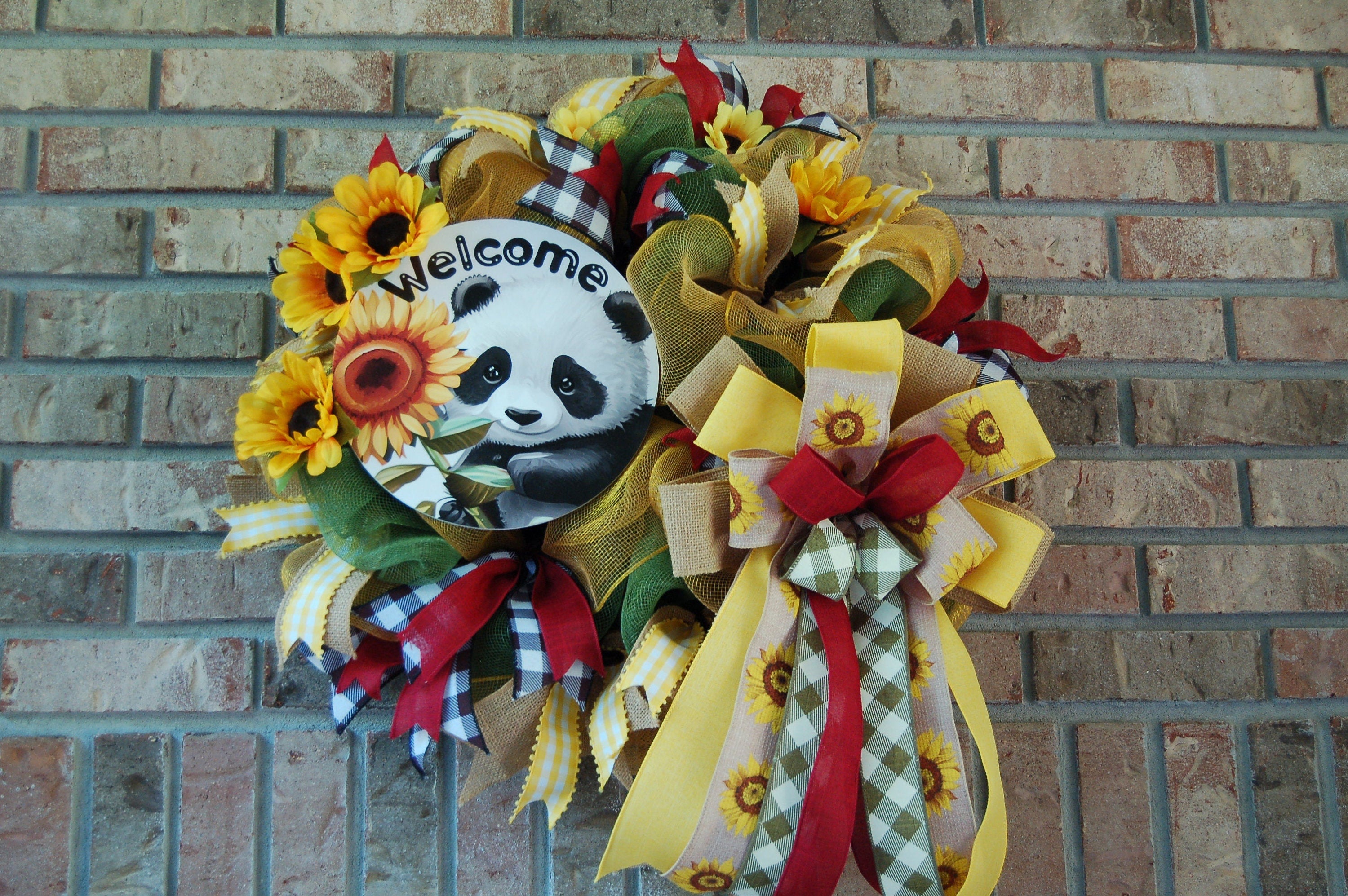 Panda Sunflower Wreath: Front Door Decor with Buffalo Plaid Bows