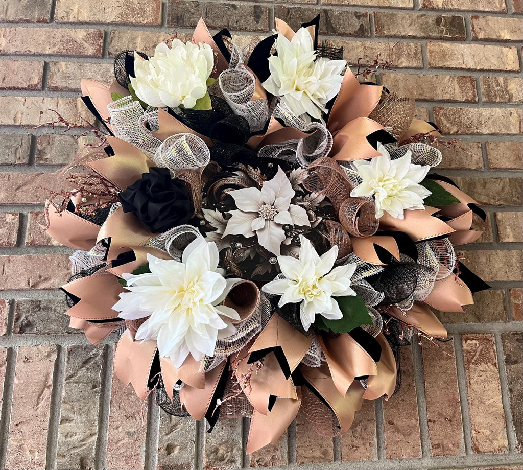 Black & Champagne Dahlia Wreath| Elegant Glam Front Door Decor