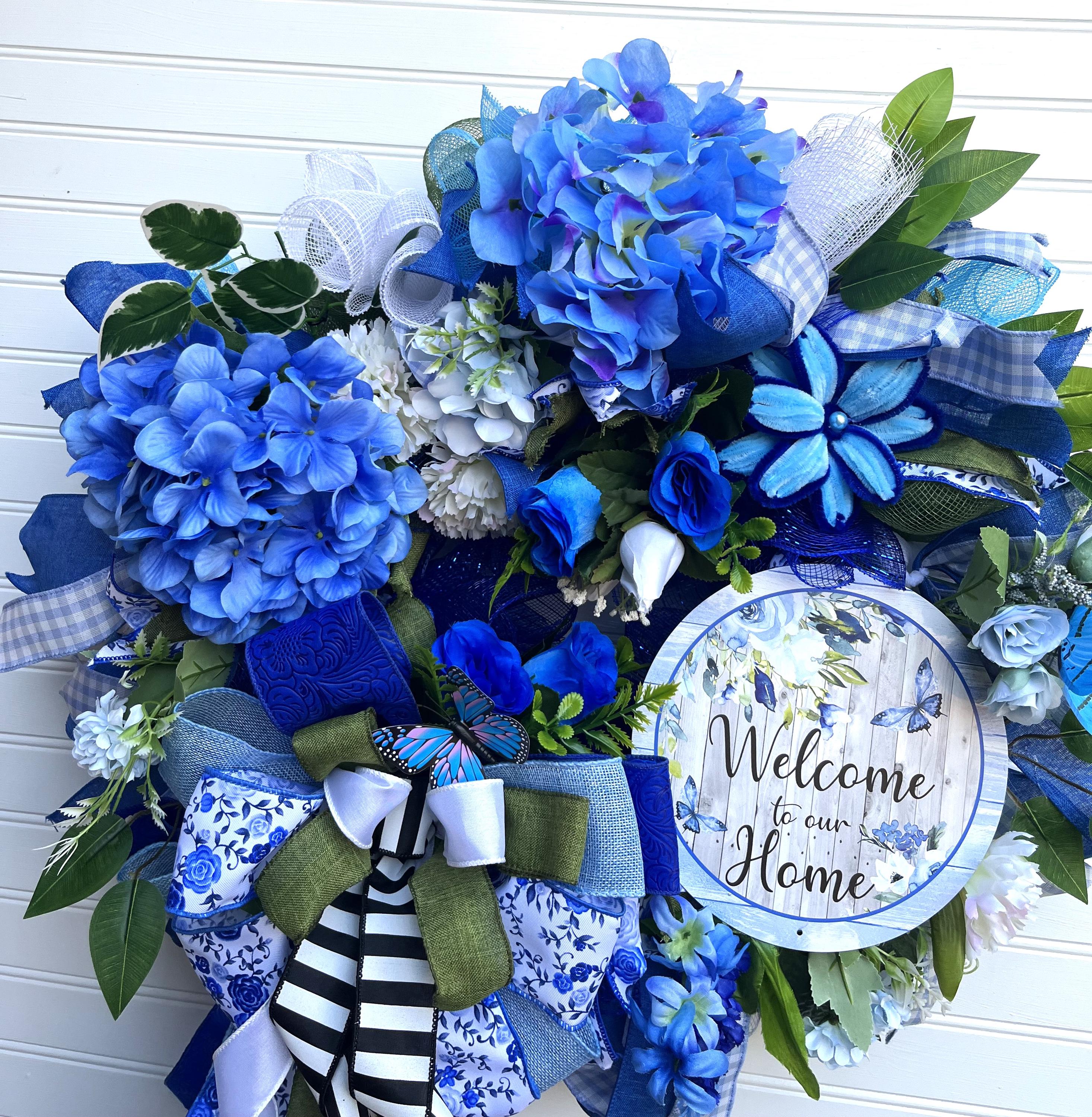 Blue Hydrangea Welcome Home Wreath | Blue White Ribbon Front Door Decor