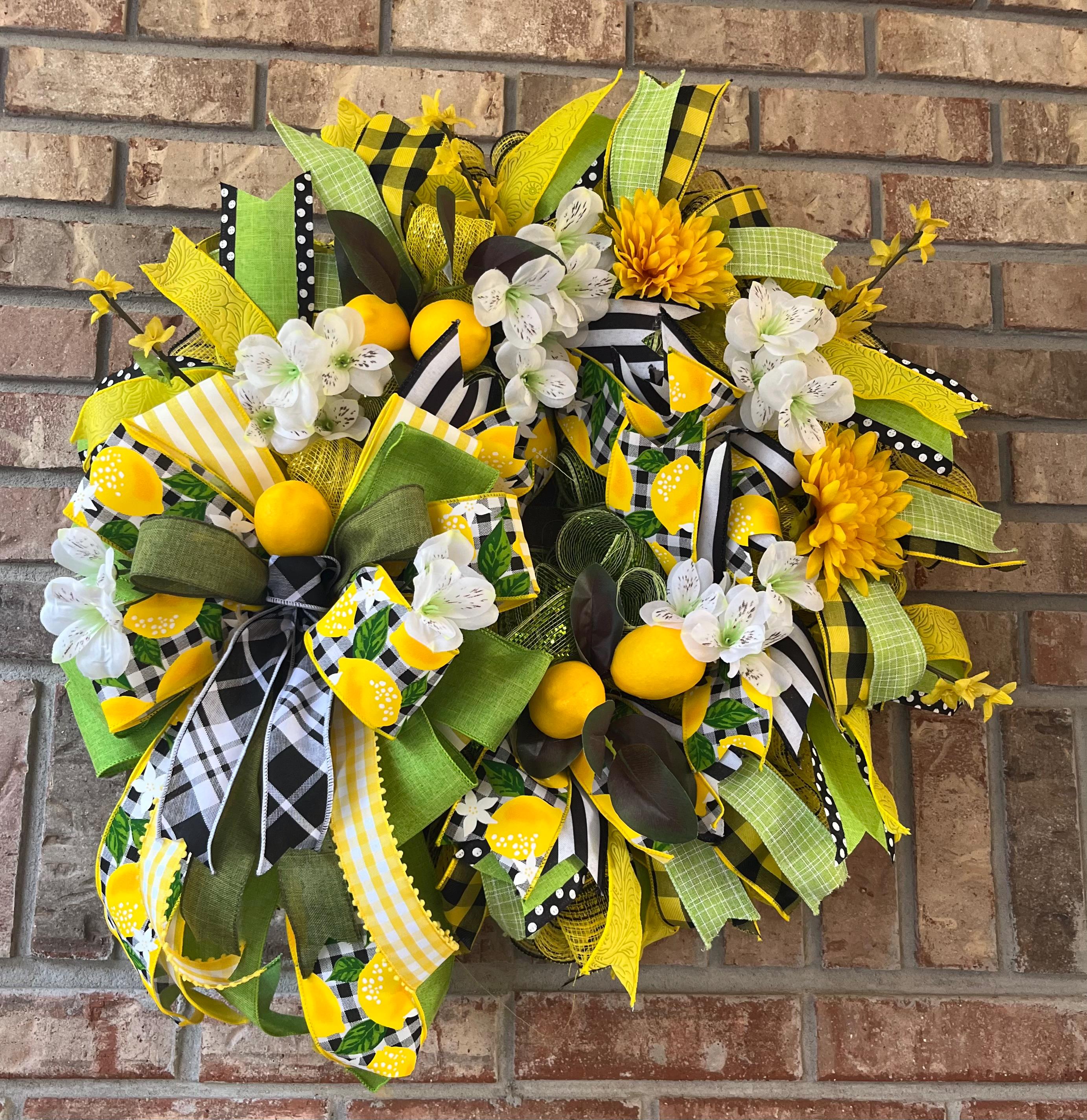 Lemon Summer Wreath | Yellow Floral Farmhouse Decor with Gingham Ribbon
