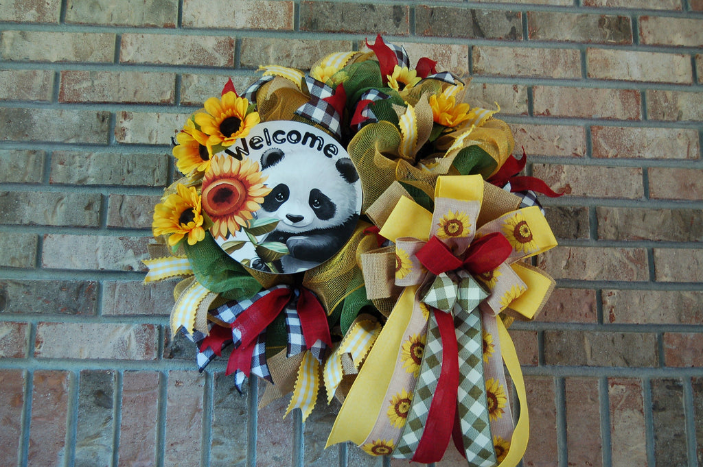 Panda Sunflower Wreath: Front Door Decor with Buffalo Plaid Bows