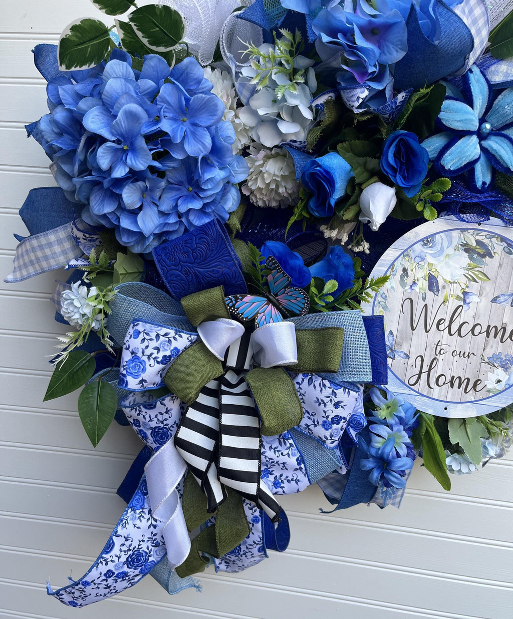 Blue Hydrangea Welcome Home Wreath | Blue White Ribbon Front Door Decor
