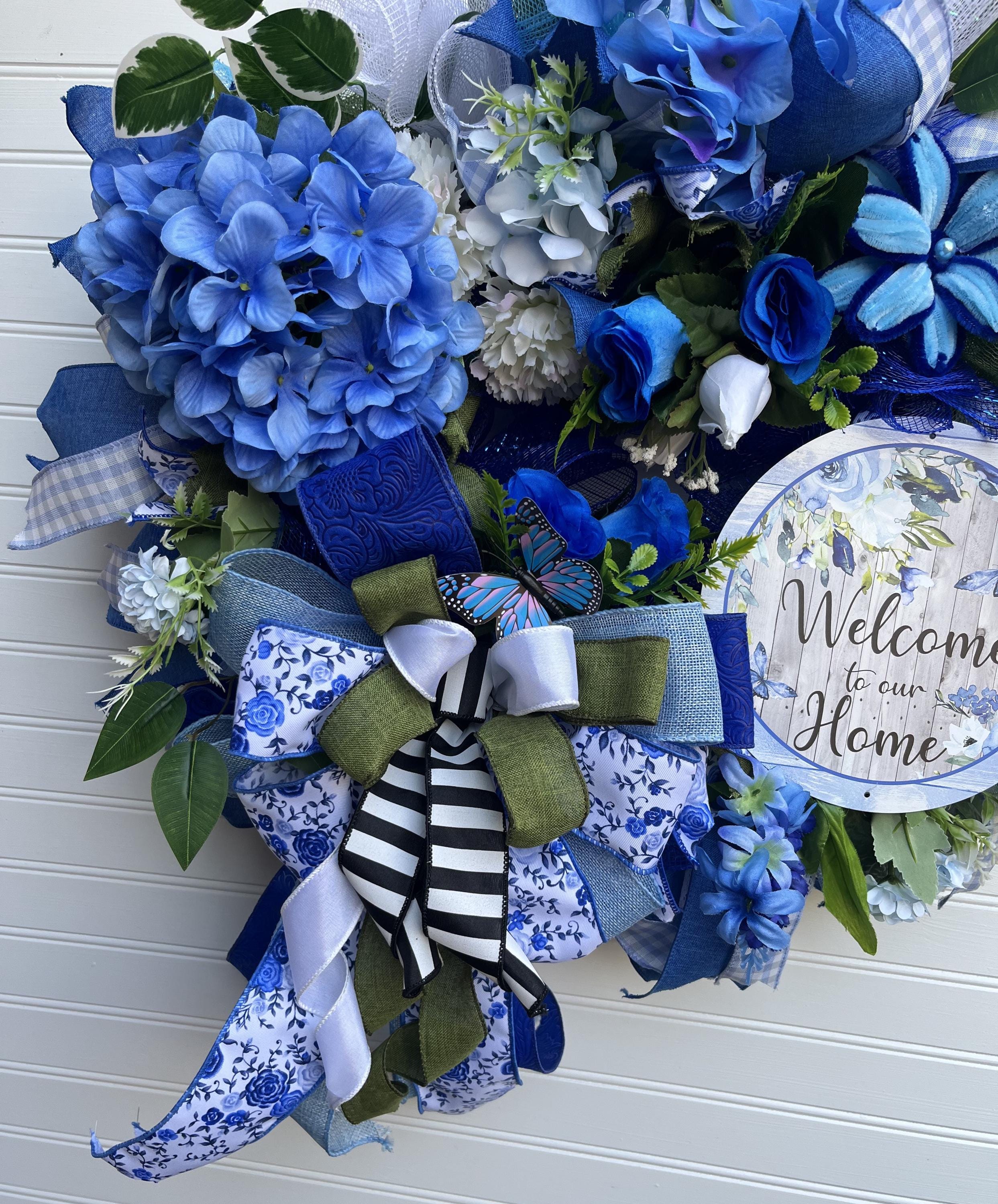 Blue Hydrangea Welcome Home Wreath | Blue White Ribbon Front Door Decor