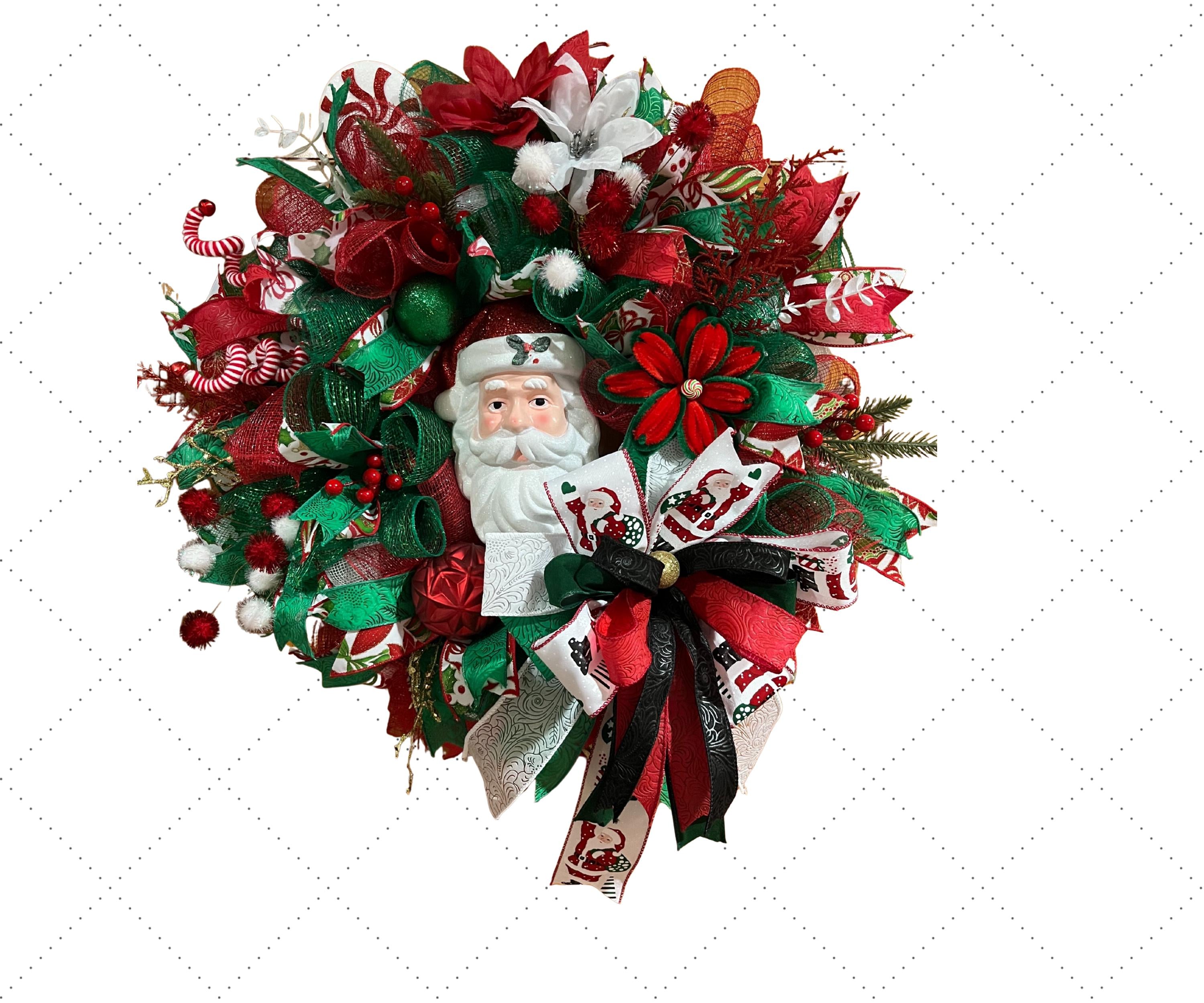 Christmas Wreath | Handmade Santa Christmas Wreath | Holiday Mesh, Festive Decor